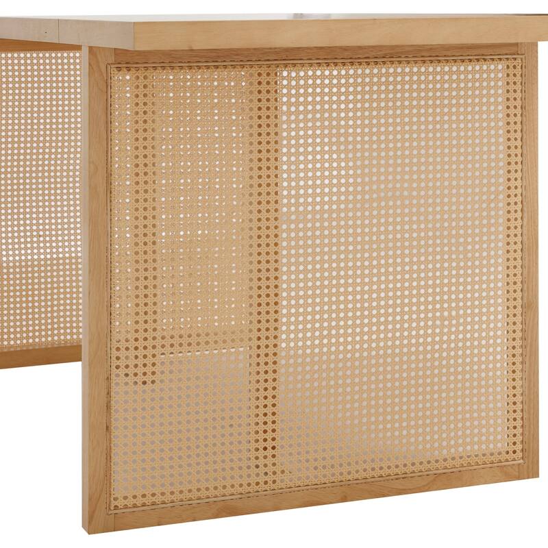 Willow Boho Dining Table for 6 with Solid Wood Legs, Dining Table with Bohemian Rattan Accent