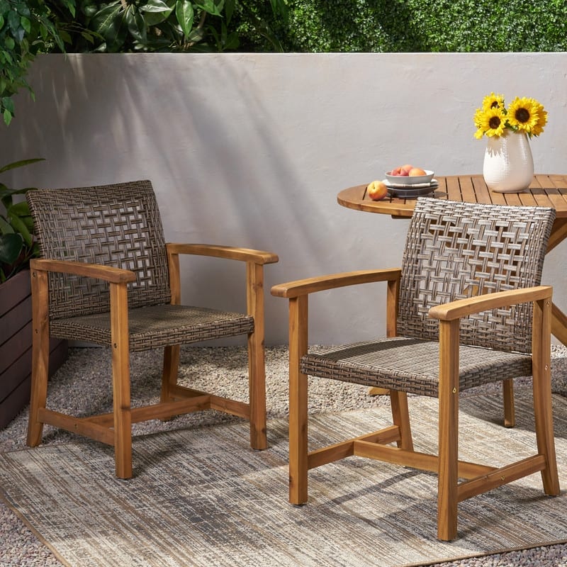 2-Piece Acacia Wood Outdoor Dining Set - Brown Wicker Patio Chairs