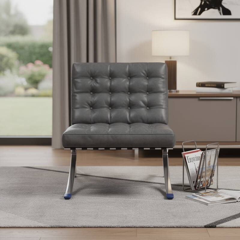 HomeRoots 30" Dark Gray and Silver Faux Leather and Stainless Steel Folding Lounge Chair - 30.00 in. x 30.00 in. x 31.00 in. - 30.00 in. x 30.00 in.  x 31.00 in.