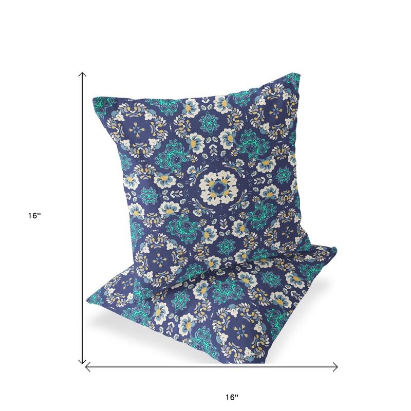 HomeRoots Set of Two 16" X 16" Blue and White Blown Seam Floral Indoor Outdoor Throw Pillow - 16.00' X '16.00' X '5.00