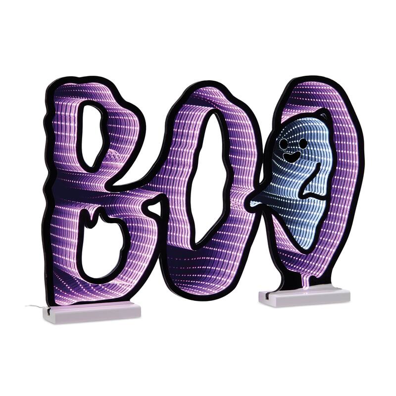 23.5" Tall Halloween LED Infinity Light with Glowing BOO Letters and Ghost Design for Indoor Decor - 23.5”L x 3”W x 16”H