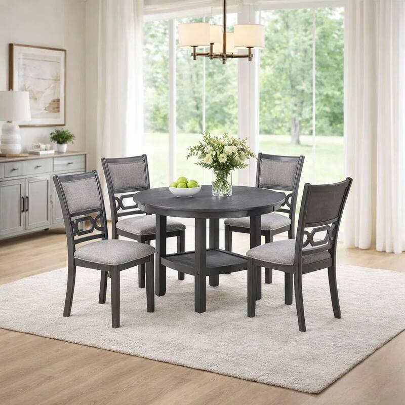 Sienna 5pc Dining Table and 4 Chair Set, Cut-Out Backrest, Gray Wood