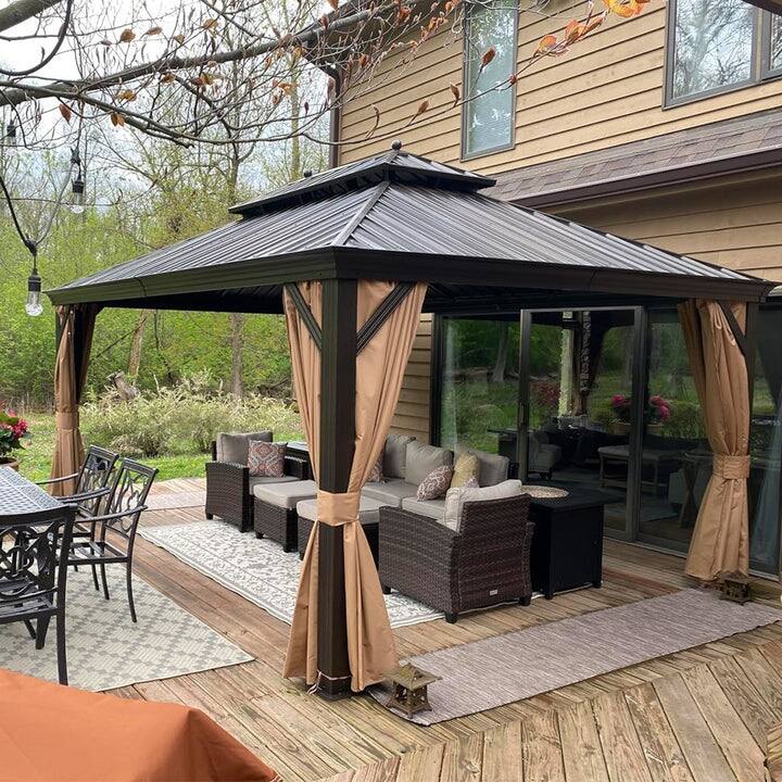PURPLE LEAF Outdoor Galvanized Steel Roof Aluminum Frame Hardtop Gazebo with Netting,Curtains included