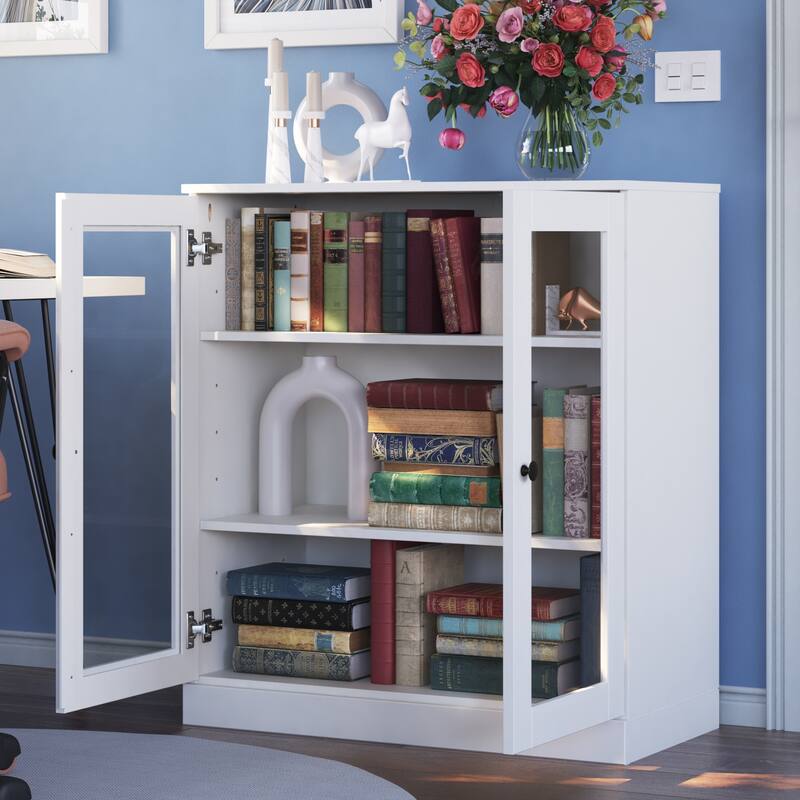 Palace Imports 100% Solid Wood 3-Shelf Bookcase, Clear Glass Doors, Adjustable Shelves, 32" Wide, 35.75" Tall