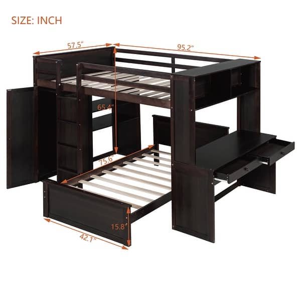 dimension image slide 0 of 2, Full size Loft Bed with a twin size Stand-alone bed, Shelves,Desk,and Wardrobe-Espresso