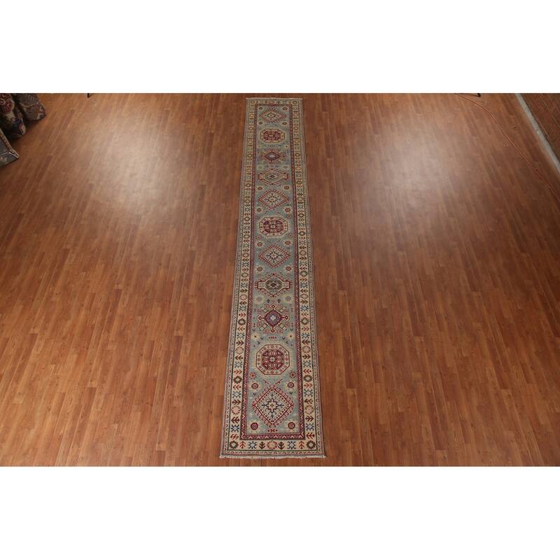 Light Blue Kazak Runner Rug Hand-Knotted Wool Carpet - 2'7" x 15'9"