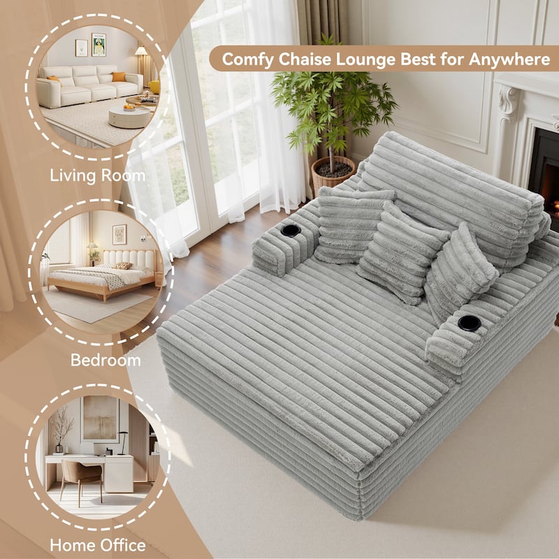 Indoor 53" Oversized Plush Chaise Lounge with Pillows and Cup Holder