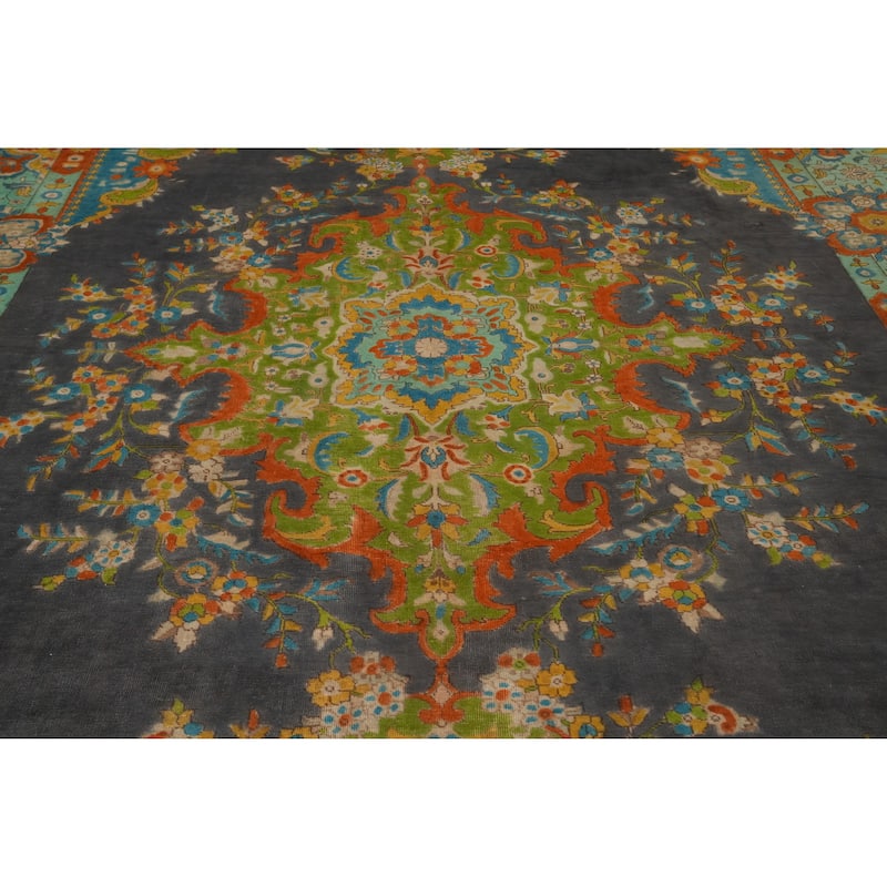 Hand Knotted Oriental 100% Wool Carpet Traditional Medallion Greys & Charcoal Tabriz Area Rug - 12' 0'' X 9' 3''