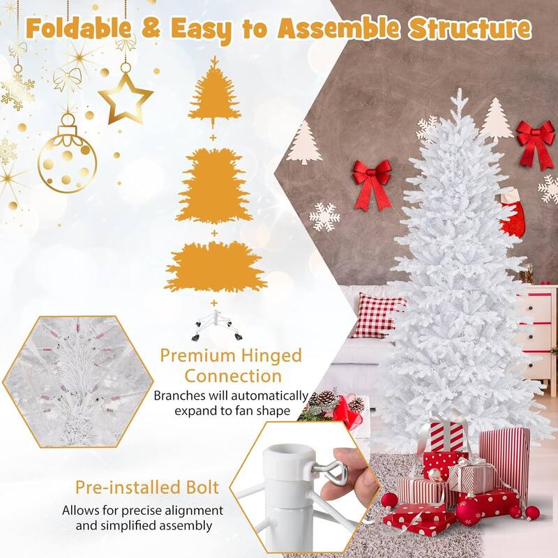 Pre-Lit Christmas Tree Snow Flocked Xmas Tree Hinged Holiday Tree - White