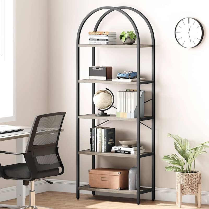 5-Tier Arched Bookshelf, Tall Wood Bookcase with Metal Frame, Modern Storage Rack for Living Room, Bedroom, or Home Office - Black+Grey