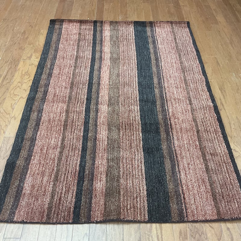 HERAT ORIENTAL 4' x 6' Handmade Vertical Stripe Tibetan Wool Rug - 4' x 6' - Burgundy/Rust/Black