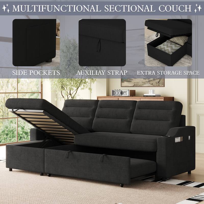 83.5-Inch Convertible Sofa Bed - Stylish Polyester Recliner with Storage for Small Spaces