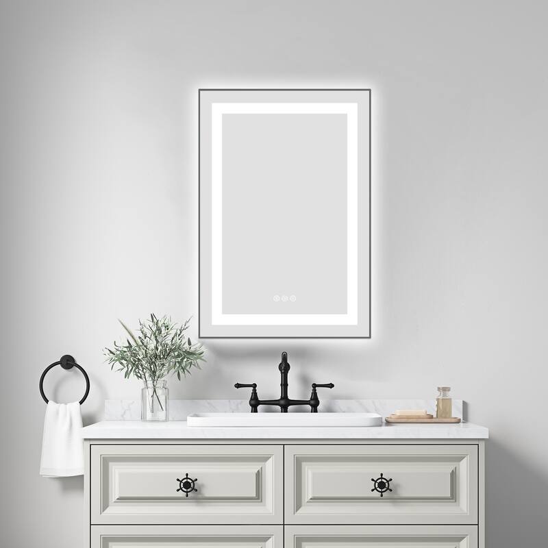 20 x 30 Inch LED Bathroom Mirror with Front and Backlight, Wall Mounted Vanity Mirror with Aluminum Frame, Anti-Fog - Gun Ash