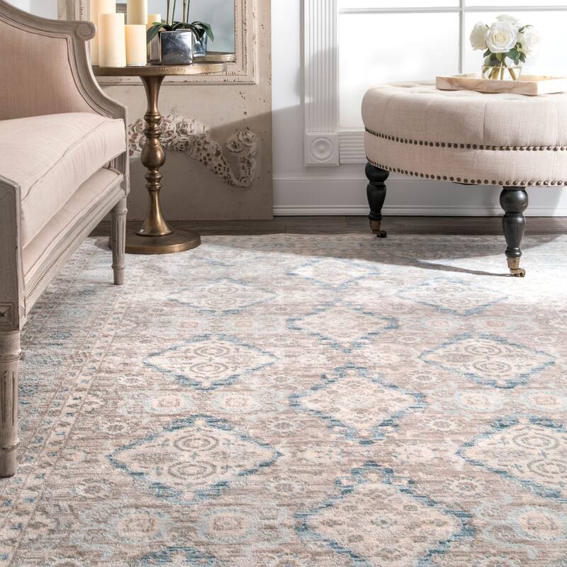 Nuloom Ivory/Blue/Taupe Traditional Ornamental Diamonds Area Rug