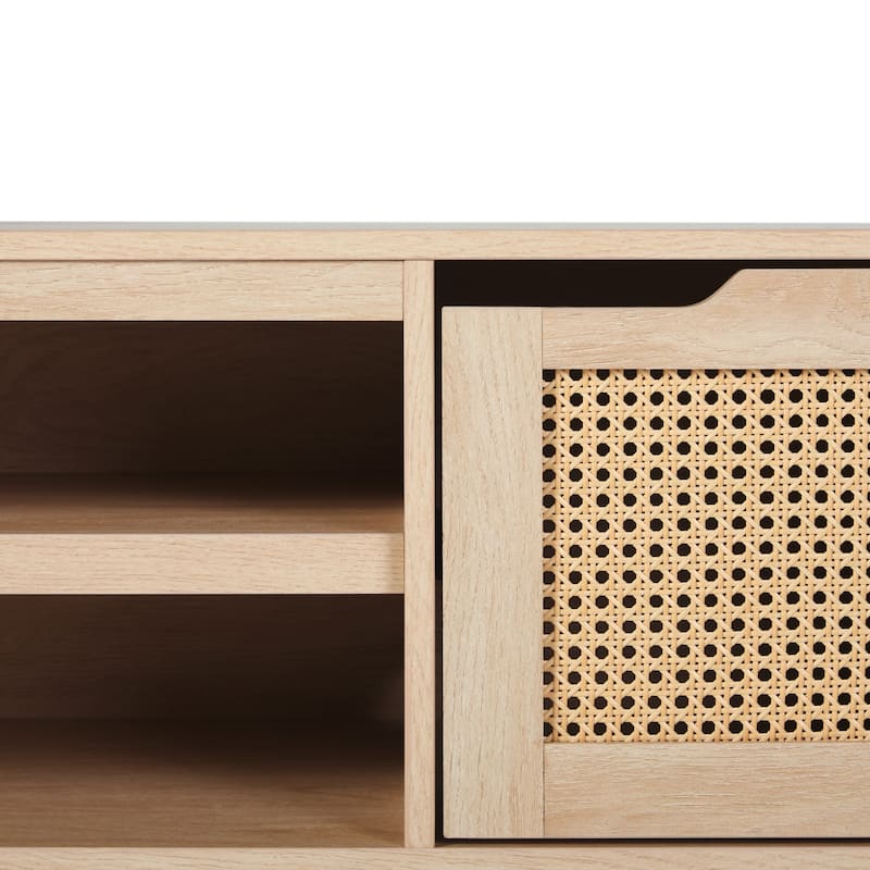 70" Coastal TV Stand for 80-Inch TVs, Featuring Faux Rattan Doors, Open Shelves & Cord Management