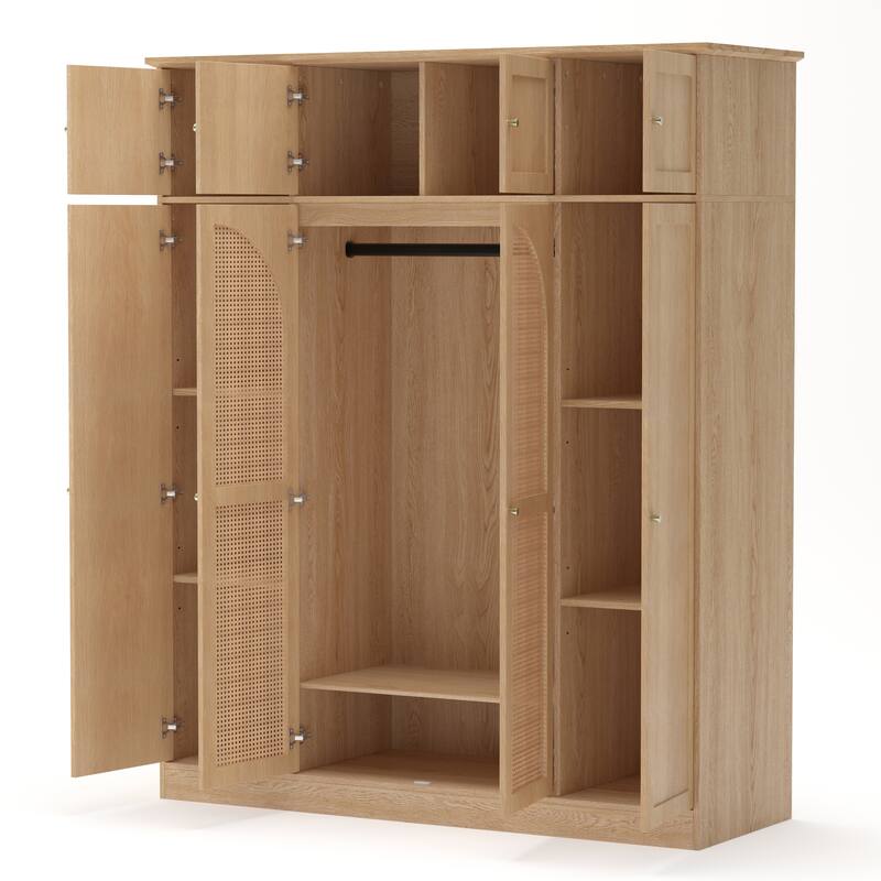Rattan Decorative Doors Wardrobe Closet with Hanging Rod & Shelves, Large Capacity Armoire Clothing Storage Cabinet