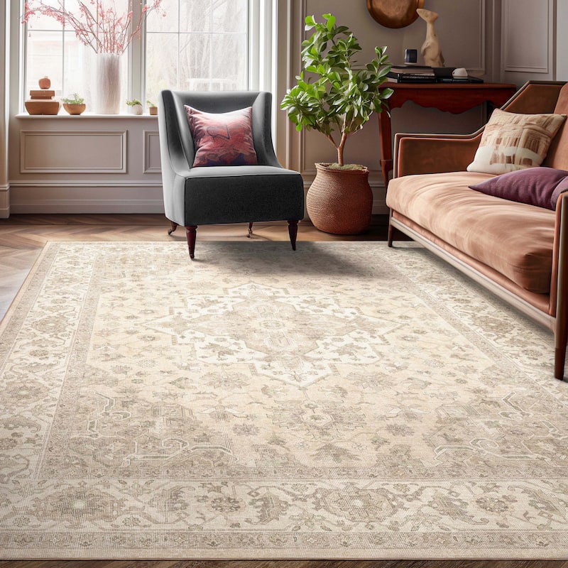 Well Woven Apollo Summit Medallion Orinetal Low Pile Easy Clean Rug - 6' x 9' - Beige Green