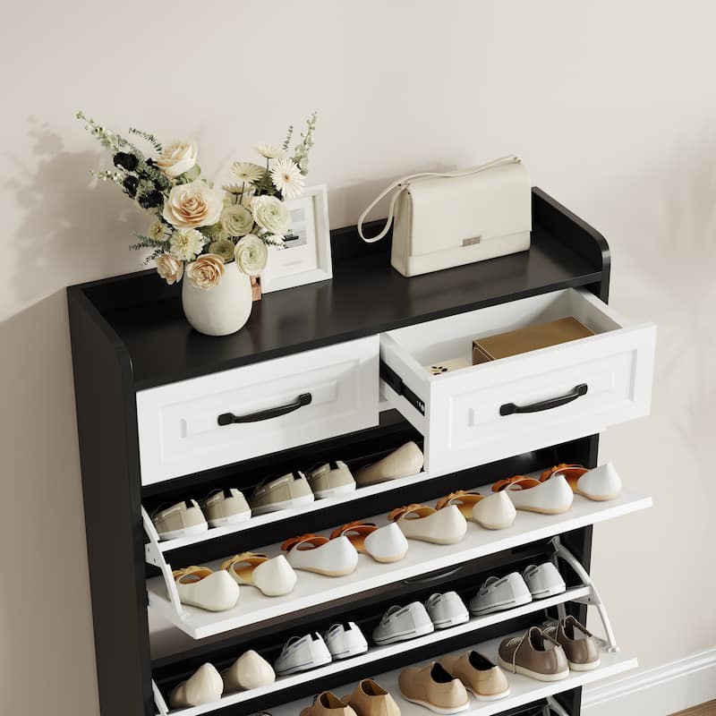 Black Shoe Storage Cabinet - 3-Door & 2-Drawer Design with PVC Decorative Panels‌