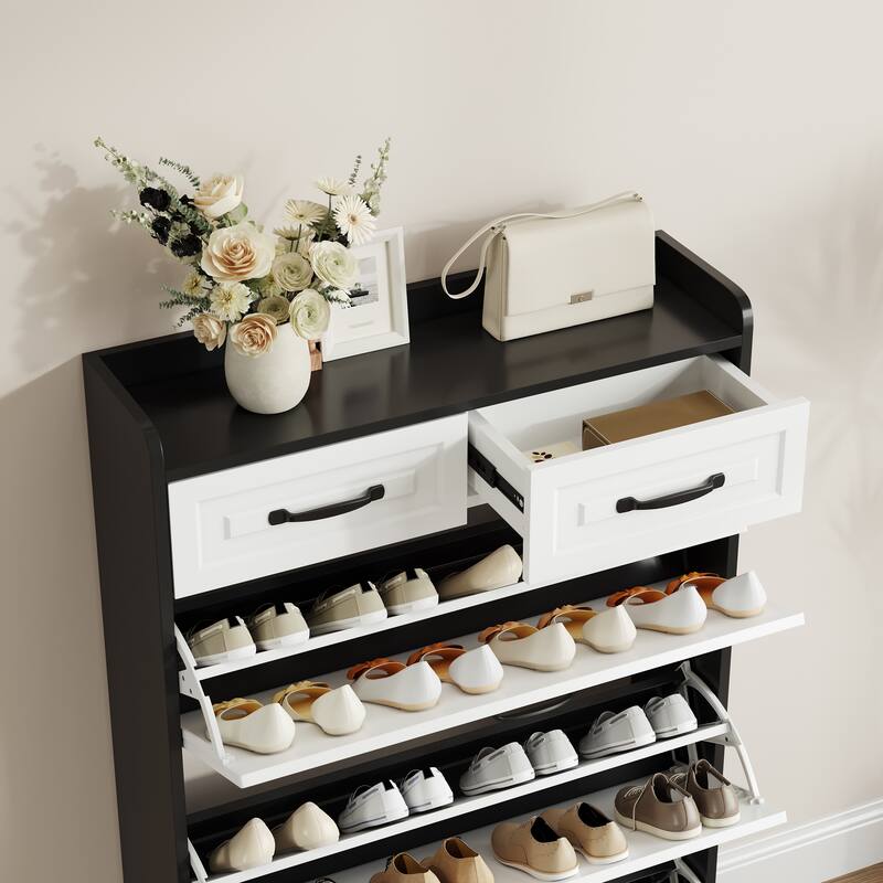 Shoe Cabinet with 3 Flip Drawers & 2 Drawers, Large Capacity Narrow Shoe Cabinet, Shoe Rack with Adjustable Shelves