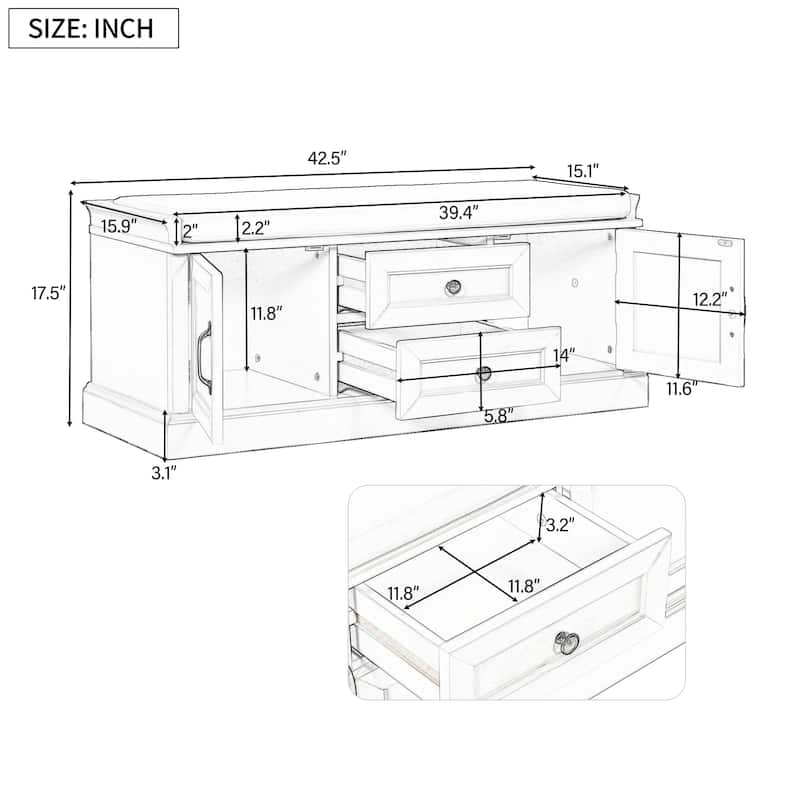 Modern Storage Bench with 2 Storage Drawers and 2 Cabinet Doors, Removable Cushion for Home Entryway and Lounge
