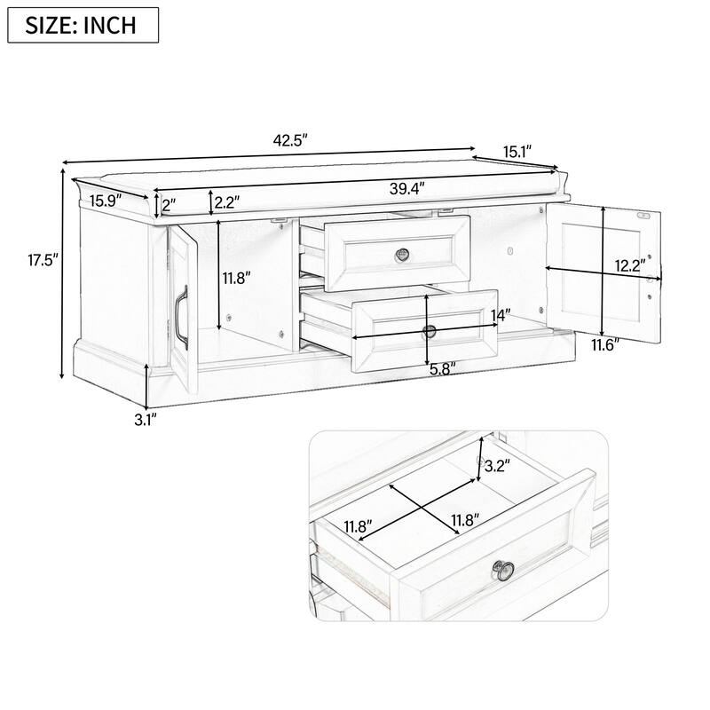 Storage Shoes Bench with 2 Drawers, 2 Cabinets and Removable Cushion