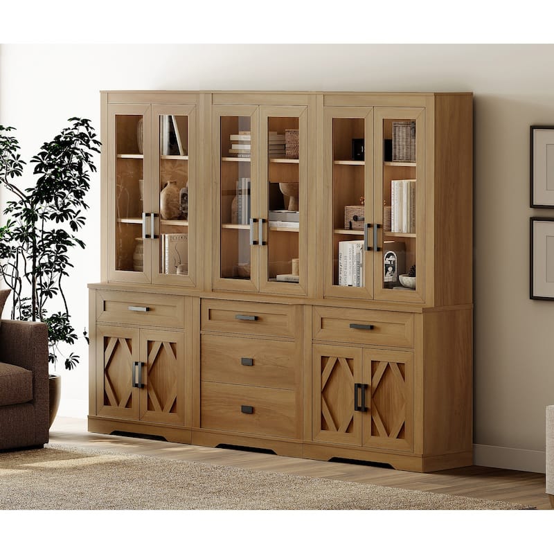 3-Column 73.3" Tall Bookshelf Set with Open Storage and Glass Doors