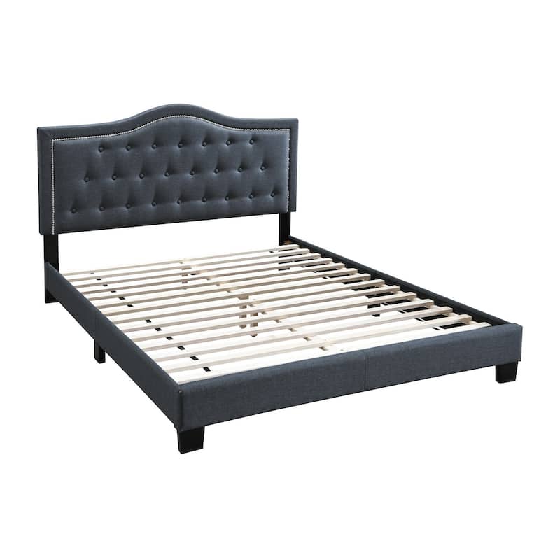 Button Tufted Twin Burlap Bed with Curved Headboard, Charcoal Gray