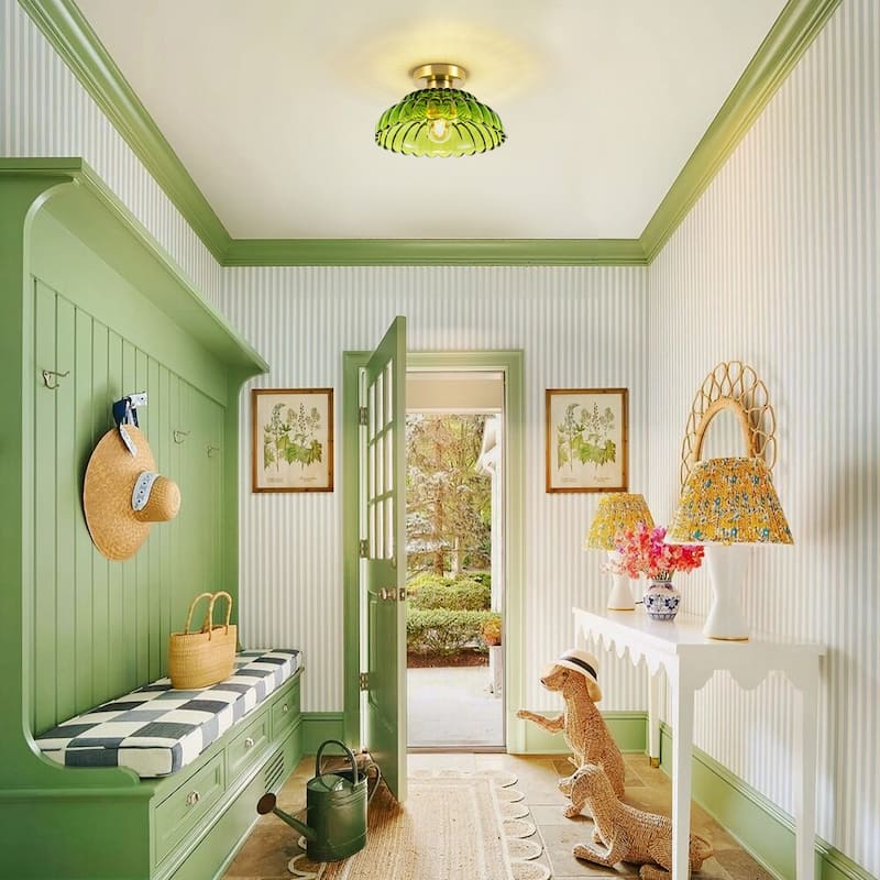 1-Light Vintage Brass Finish Metal Semi-Flush Mount Ceiling Light with Amber/Green/Grey/Clear Glass Shade for Kitchen, Hallway
