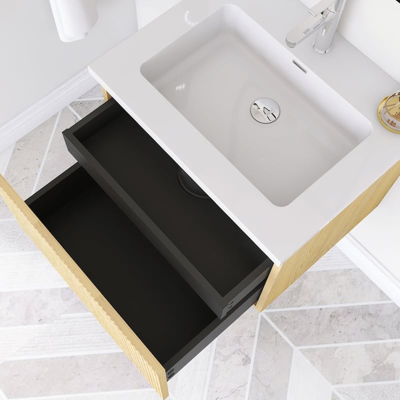 Floating Bathroom Vanity in Yellow Oak with Integrated Resin Top