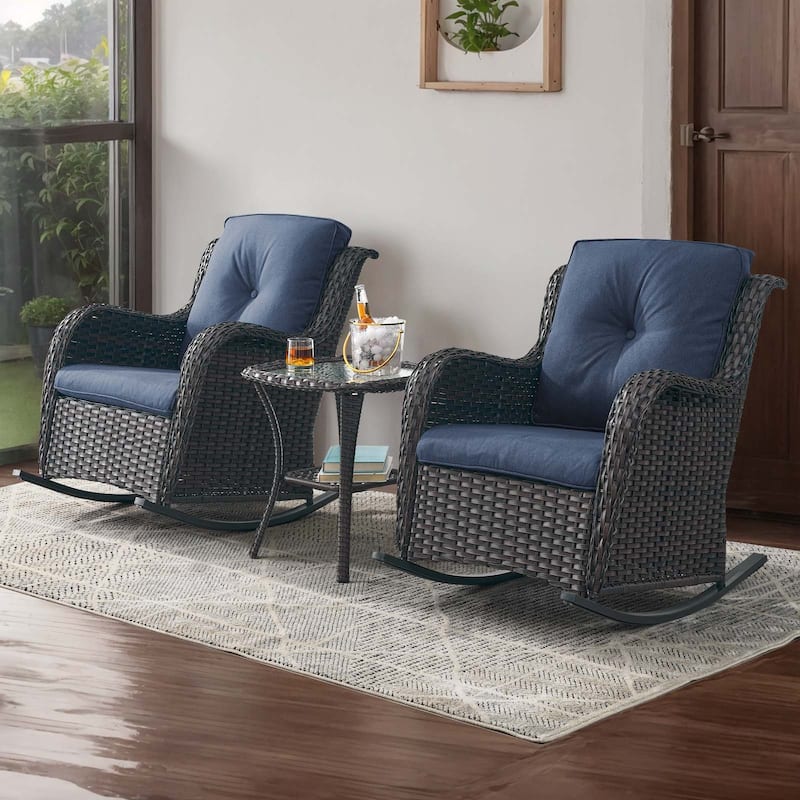 Gymojoy Patio Rocking Chair with Comfortable Cushions - Brown - Blue