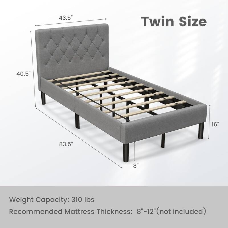 Twin Bed Frames for Kids Upholstered Platform Bed w/ Tufted Headboard