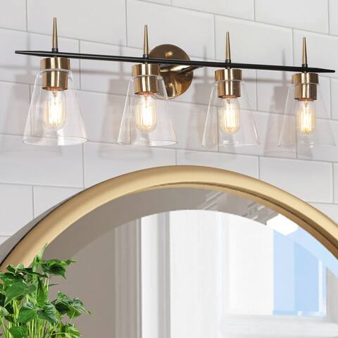 Modern Glam 4-Light Black Gold Bathroom Vanity Light Cone Glass Wall Sconces - 29" L x 7" W x 10" H
