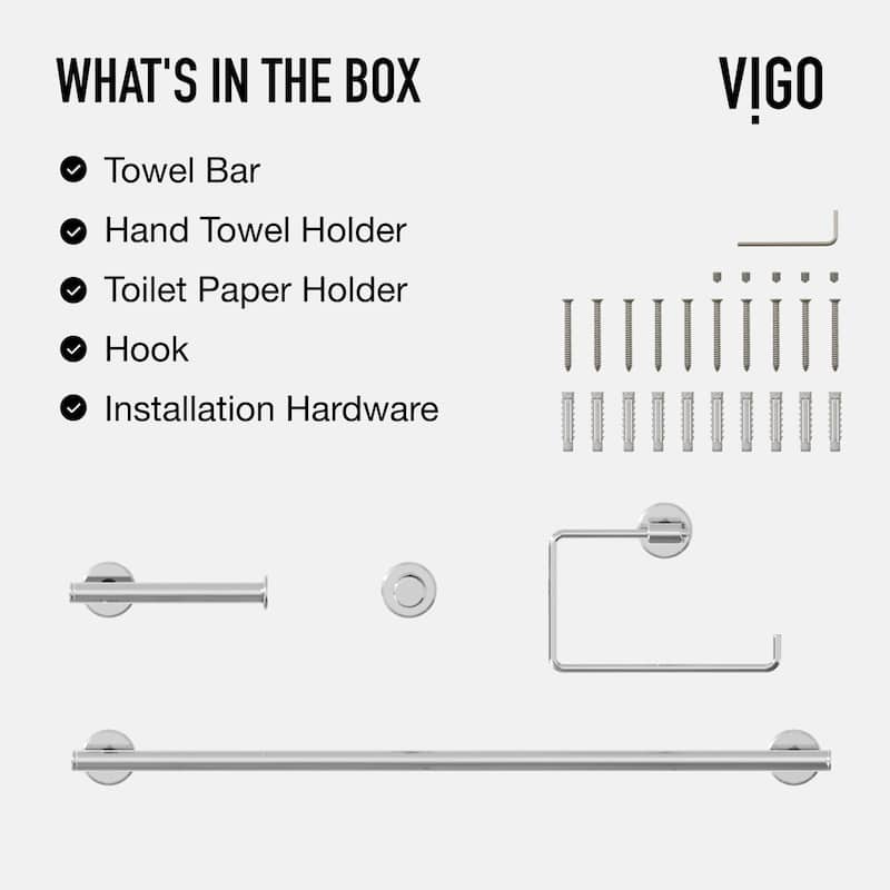 VIGO Satro 4-Piece Bathroom Hardware Accessory Set with 24 in. Towel Bar, Toilet Paper Holder, Hand Towel Holder, Hook