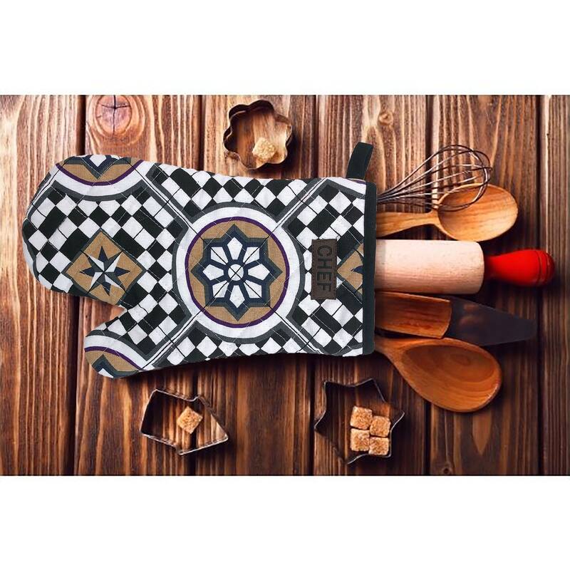 Chef's Artistic Cotton Oven Mitt - Heat Resistant 11x7 Inch - Intricate Mosaic Pattern for Elegant Kitchens - 11"L x 7"W x 1"H