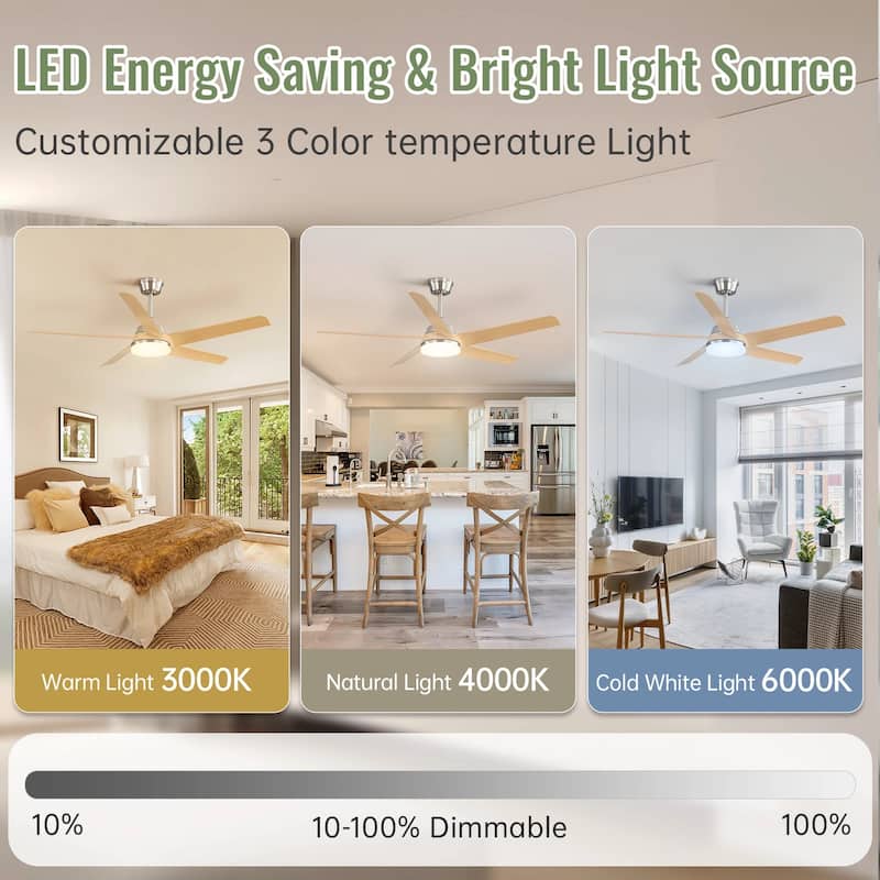 52" Modern Dimmable LED Nickel Ceiling Fan with Light Kit and Remote Included