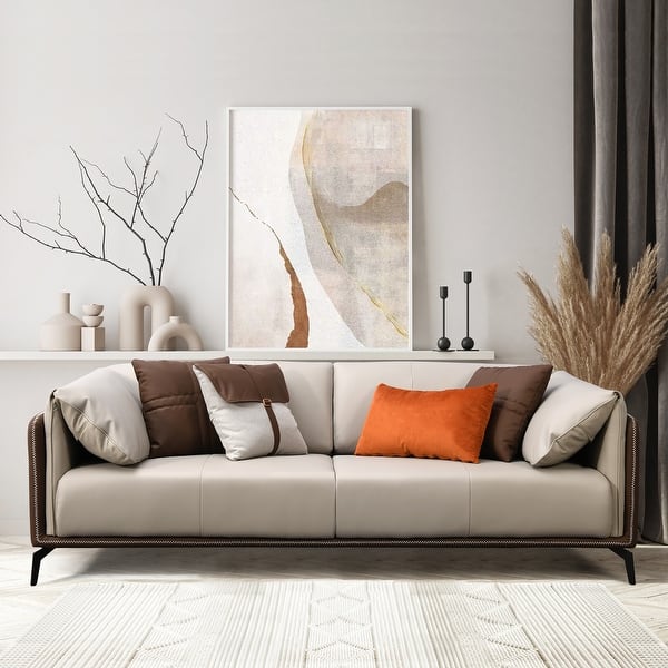 slide 2 of 14, 3 Seater Solid Wood Frame Leather Sofa with 4 Unique Pillows
