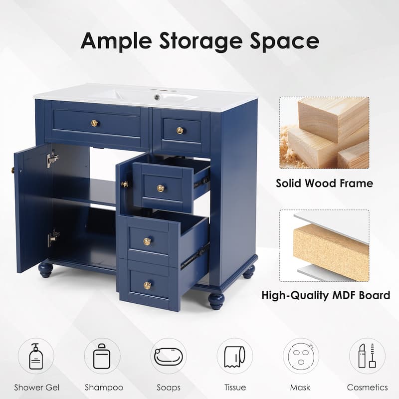 36" Bathroom Vanity with Ceramic Sink Solid Wood Frame Soft Close Drawers and Adjustable Storage Shelves