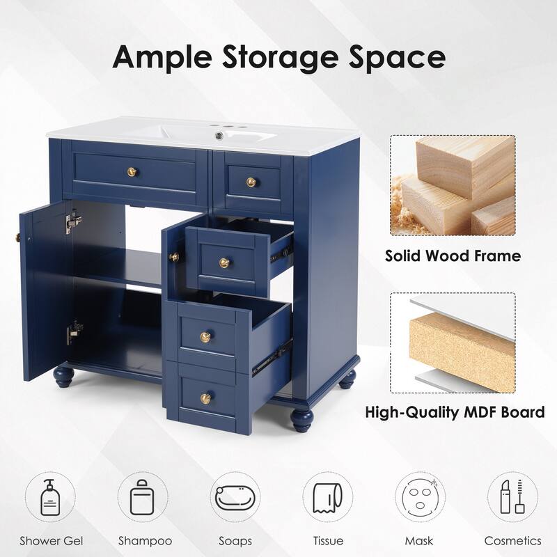 36" Blue Bathroom Vanity with Ceramic Sink - Soft-Close Drawers, Solid Wood Frame, Multi-Organizer Storage
