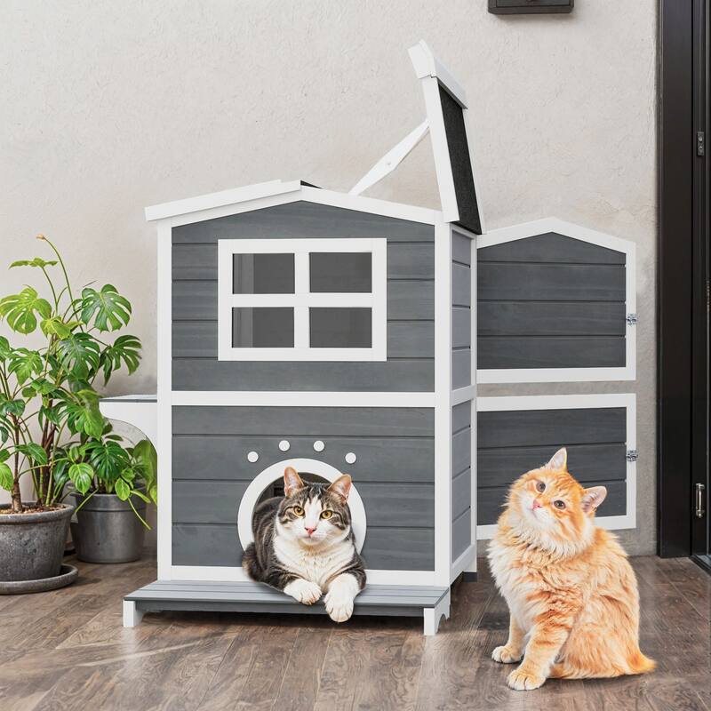 Moasis Two Story Outdoor Cat House Wooden Cat Shelter - Grey