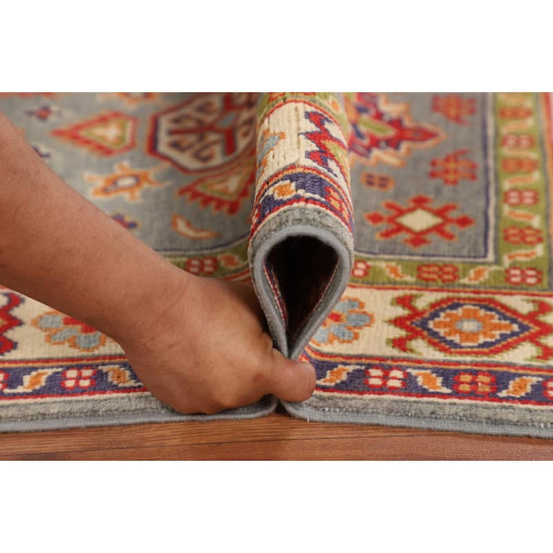 Geometric Kazak Accent Rug Hand-Knotted Grey Wool Carpet - 2'8" x 4'1"