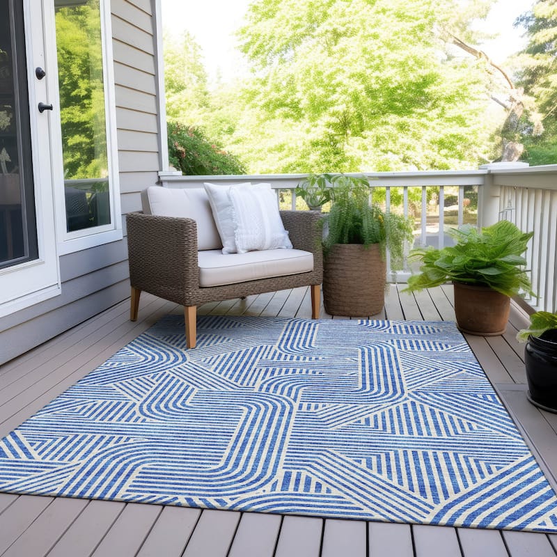 Machine Washable Indoor/ Outdoor Chantille Contemporary Geo Rug - Blue - 9' x 12'