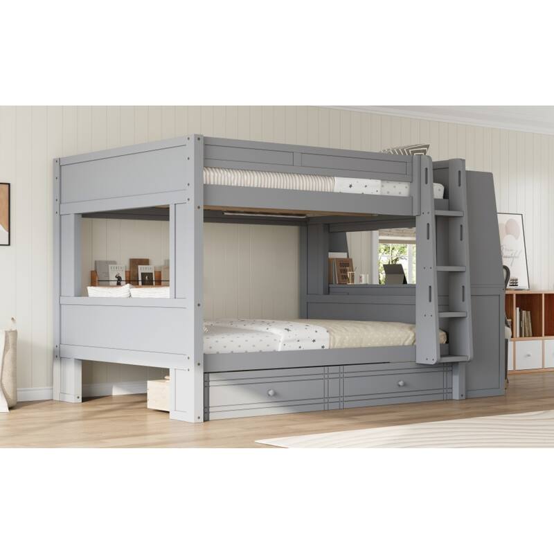 Roomfitters Full Over Full Bunk Bed with Built-In Desk, Bookshelves and Drawers