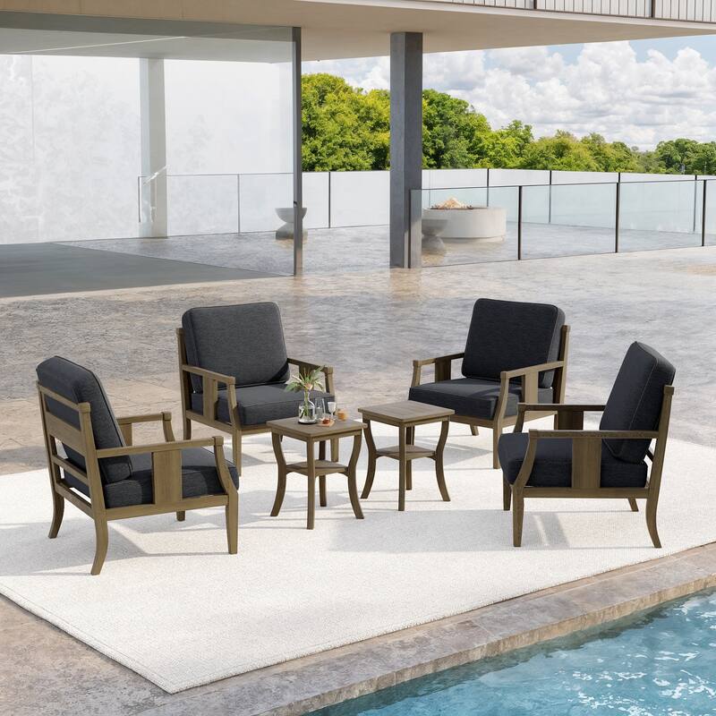 6-Piece Outdoor Teak Seating Set Armchair Patio Conversation Sets with 2 Tables, Cushion