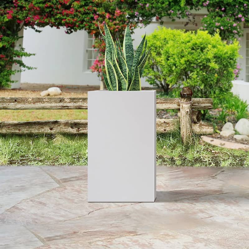 Plantara 20" H Solid White Concrete Square Plant pot, Tall Flower pot with Drainage Hole, Modern Garden planter for Outdoor