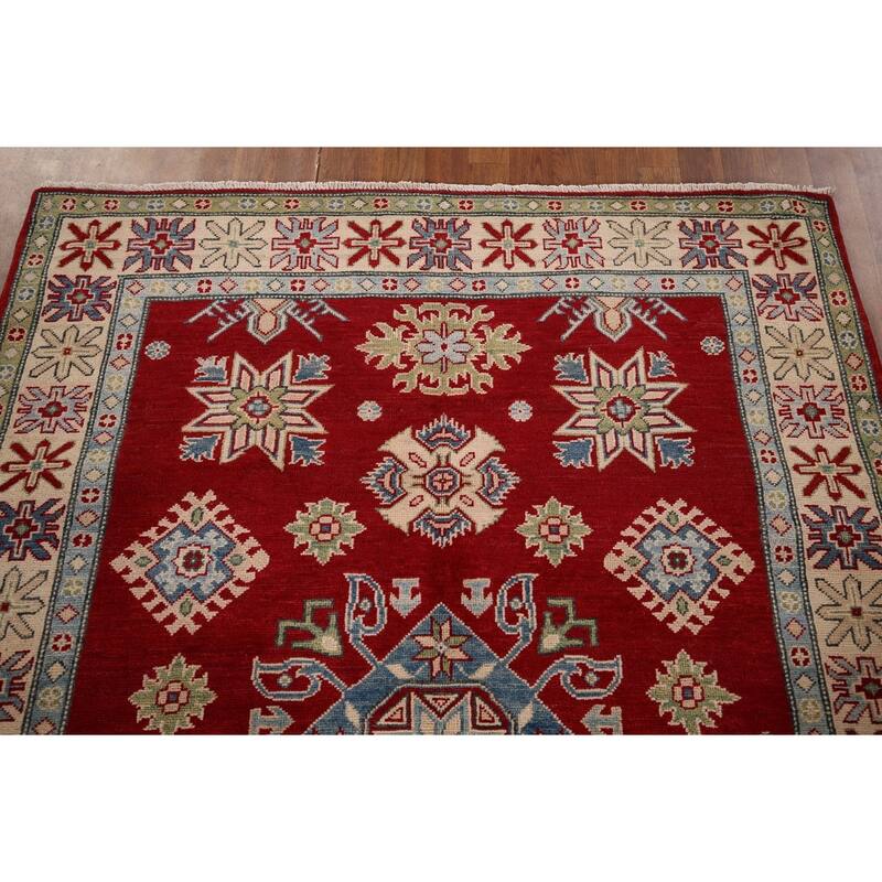 Red Geometric Kazak Rug Hand-Knotted Traditional Wool Carpet - 5'0" x 7'0"