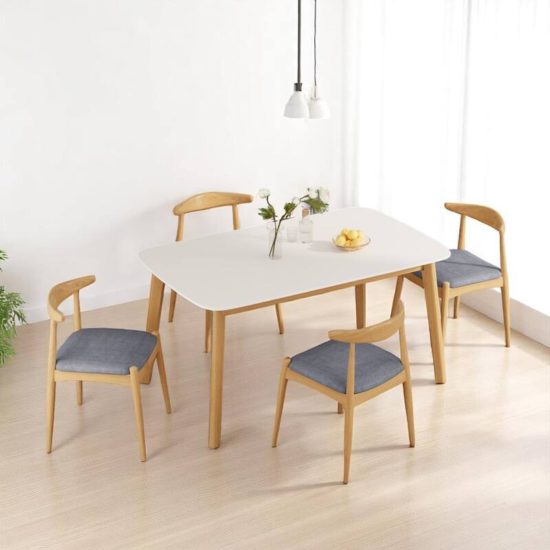 Retro 5-Piece Dining Table Set with White Oak-Look Top and Upholstered Chairs, Mid-Century Modern Style