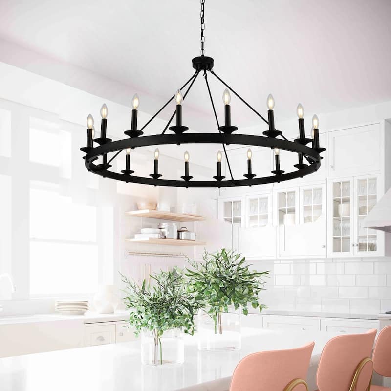 48" 18-Light Industrial Wagon Wheel Large Round Chandelier Fixture - Black