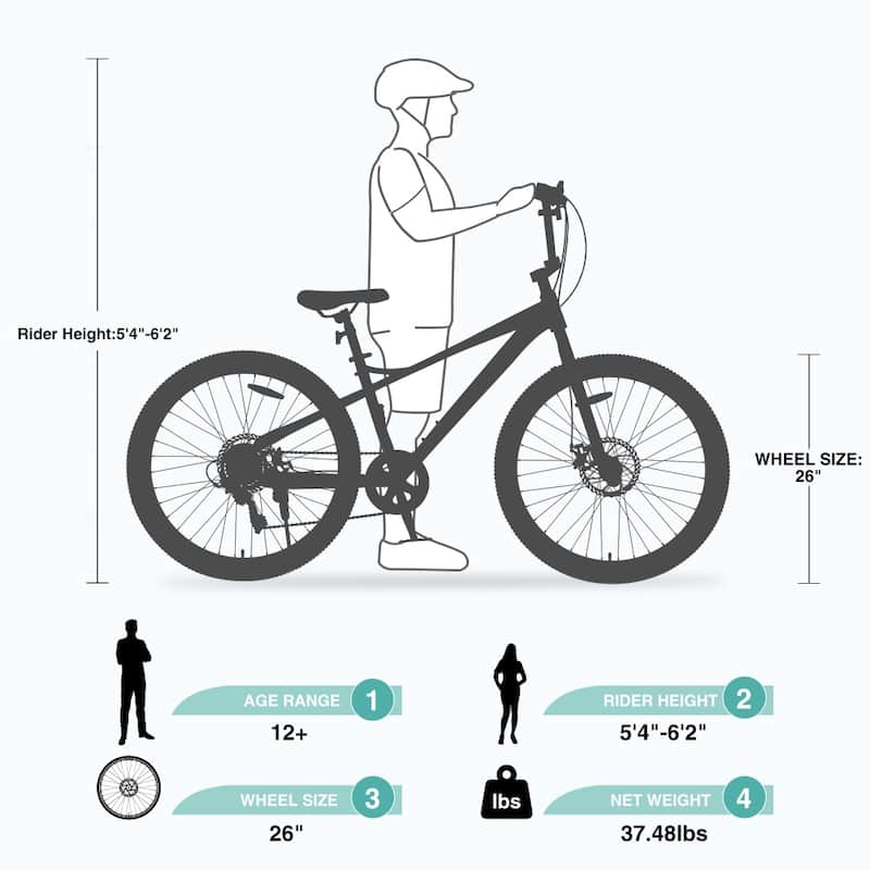 26 Inch Kids Bike Double Disc Brakes for Boys Girls Age 12+ Years