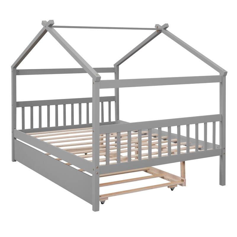 Twin/Full House Bed with Pull-Out Trundle, Solid Pine Wood Frame for Sleepovers