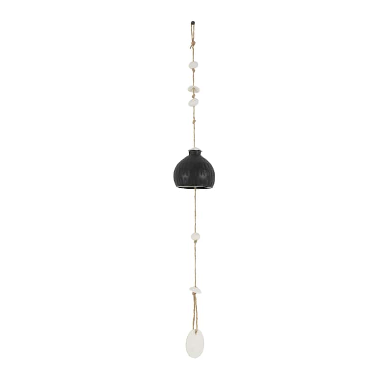 Ceramic Handmade Indoor Outdoor Windchime with Cascading White Disks - Black - Roche River Decor - Black - 4"W, 23"H